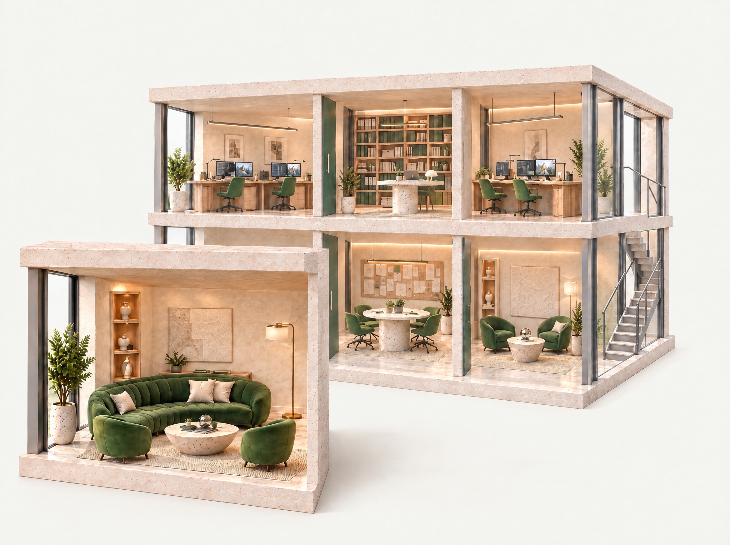 Die Lounge mit grünem Sofa und Sesseln ist aus dem Erdgeschoss des Hauses herausgezogen