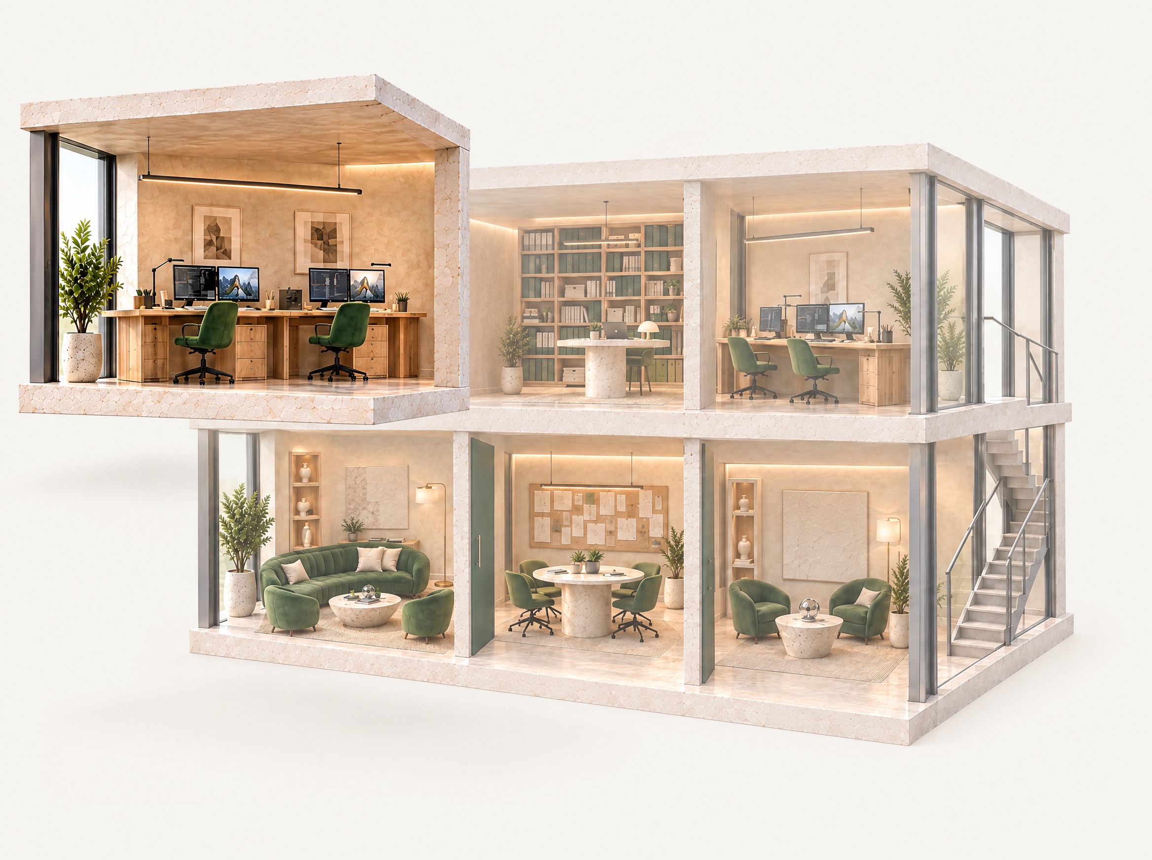 Das Entwicklungsstudio mit Arbeitsplätzen und Monitoren ist aus dem Obergeschoss herausgezogen