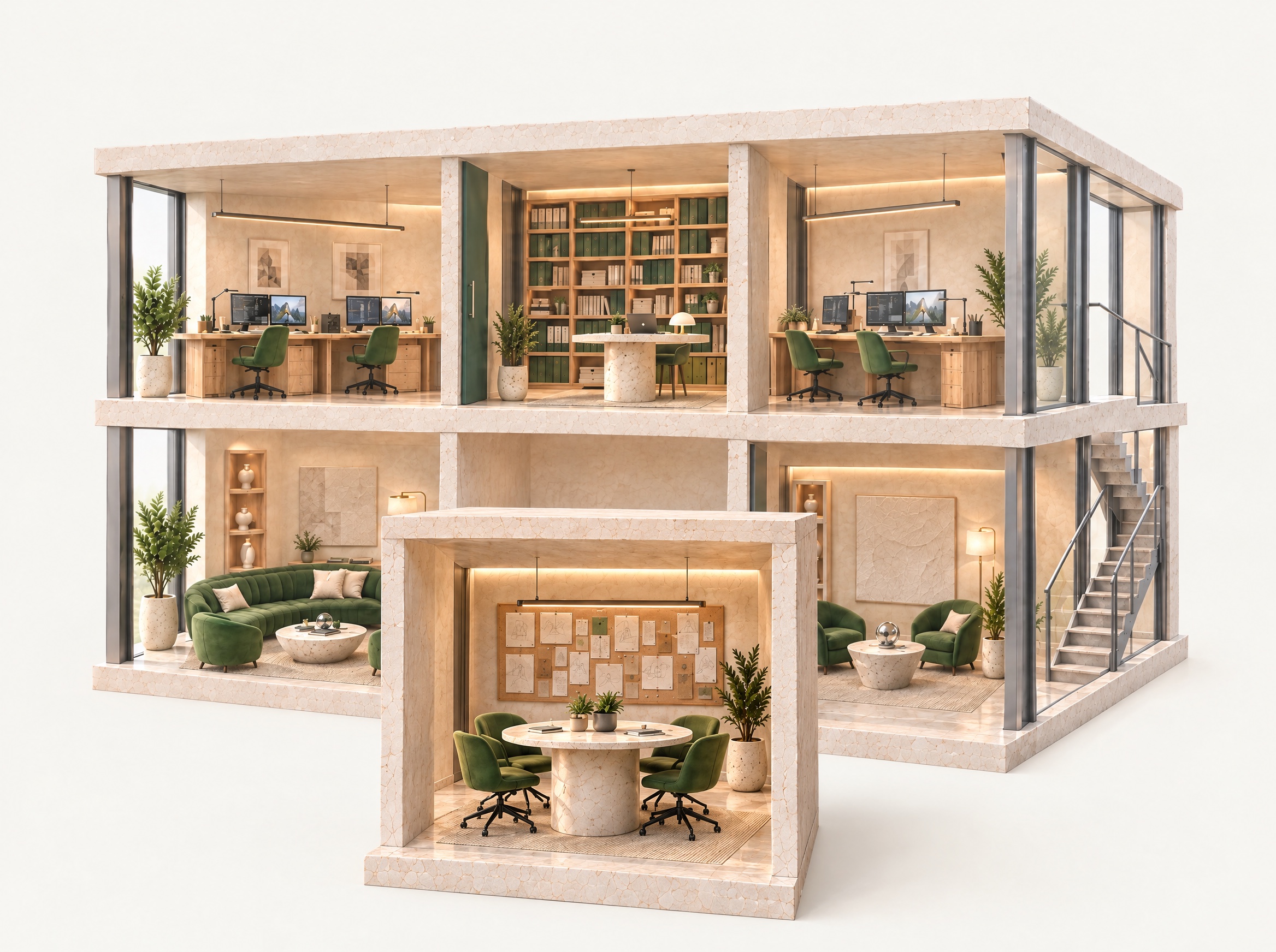 Der Workshopraum mit rundem Tisch und Arbeitswand ist aus der Mitte des Erdgeschosses herausgezogen
