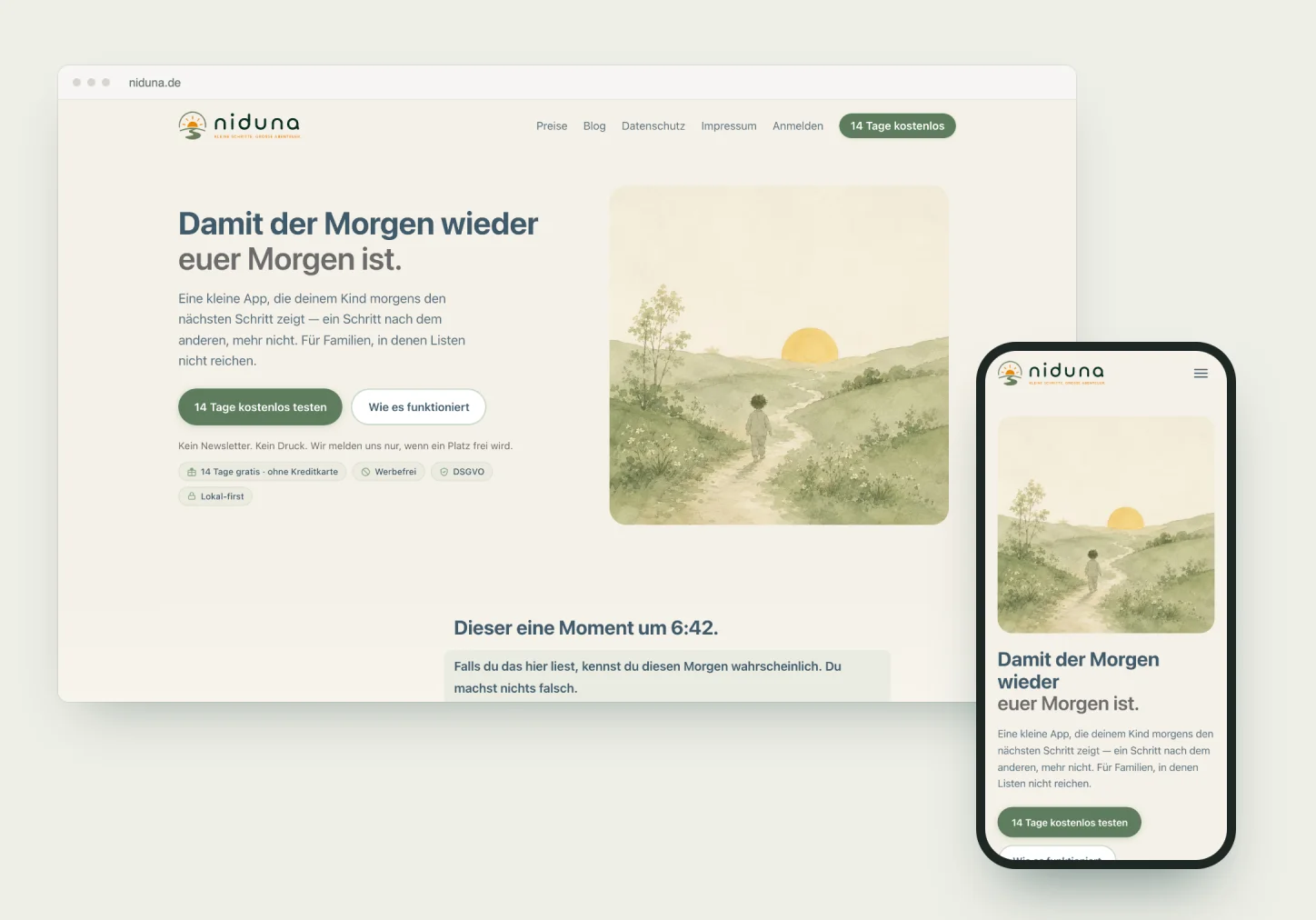 niduna: Desktop- und Mobilansicht