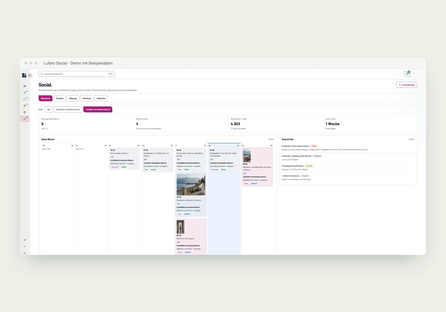 Lufaro Social: Wochenübersicht mit geplanten Beiträgen, Demo mit Beispieldaten