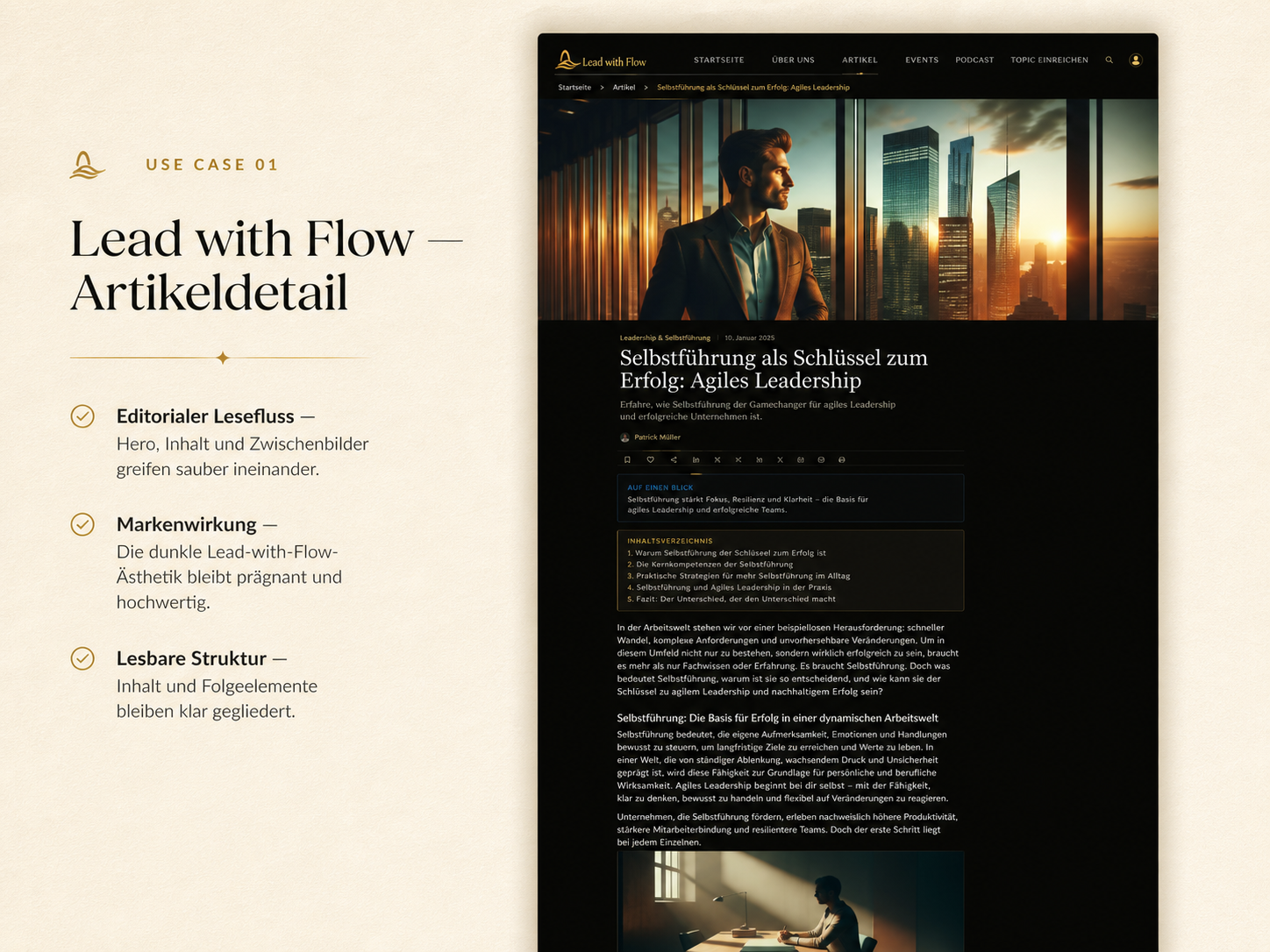 Lead with Flow Artikel-Detailseite mit ruhigem Lesefluss