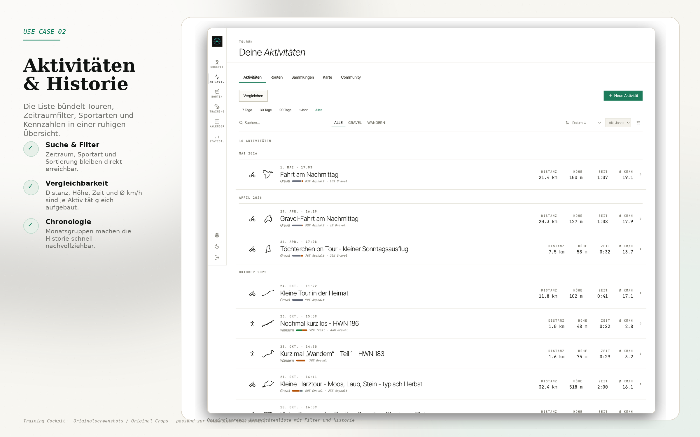 Activity history with filters and comparison logic