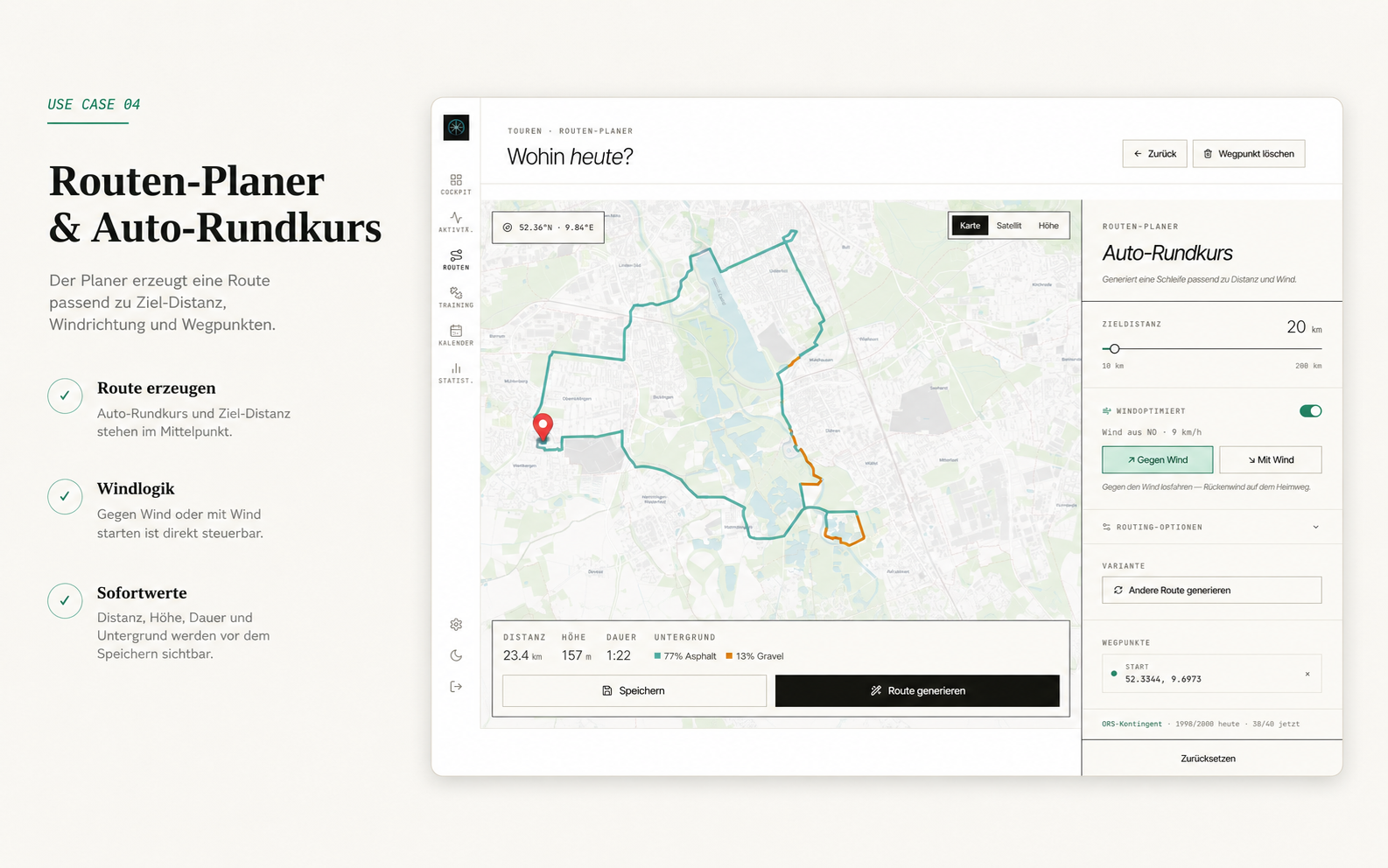 Route planner with distance, wind, and variant controls